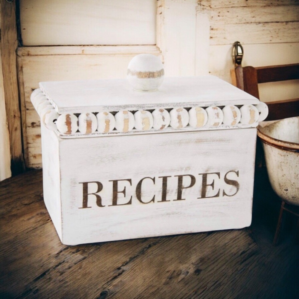 Mudpie White Washed Beaded Wood Farmhouse Recipe Box & Recipe Cards